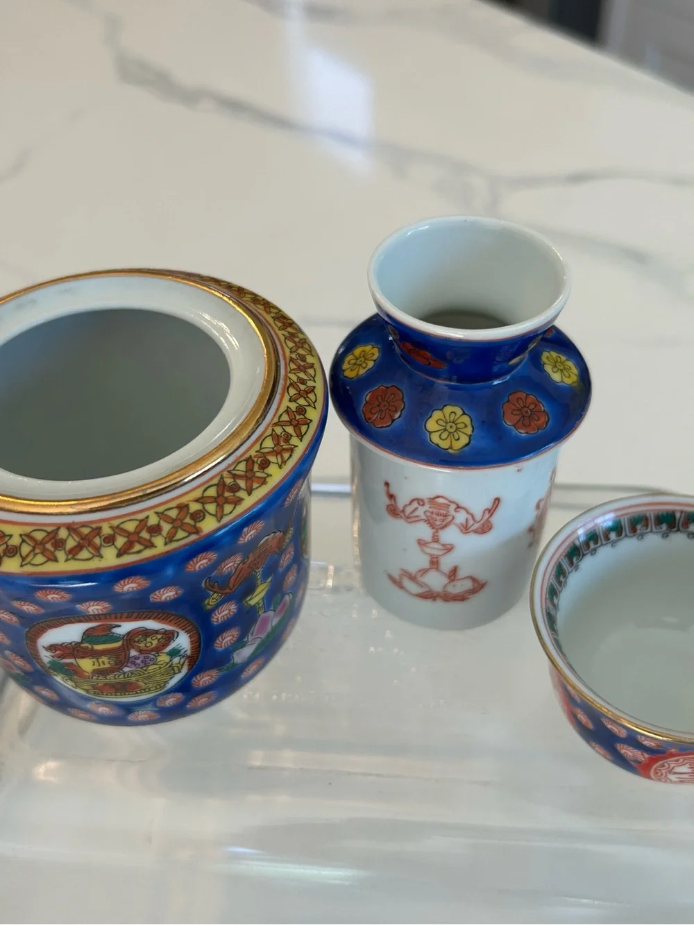 Vintage Chinese Blue and Gold Porcelain Decorative Tea Canister 3 pc